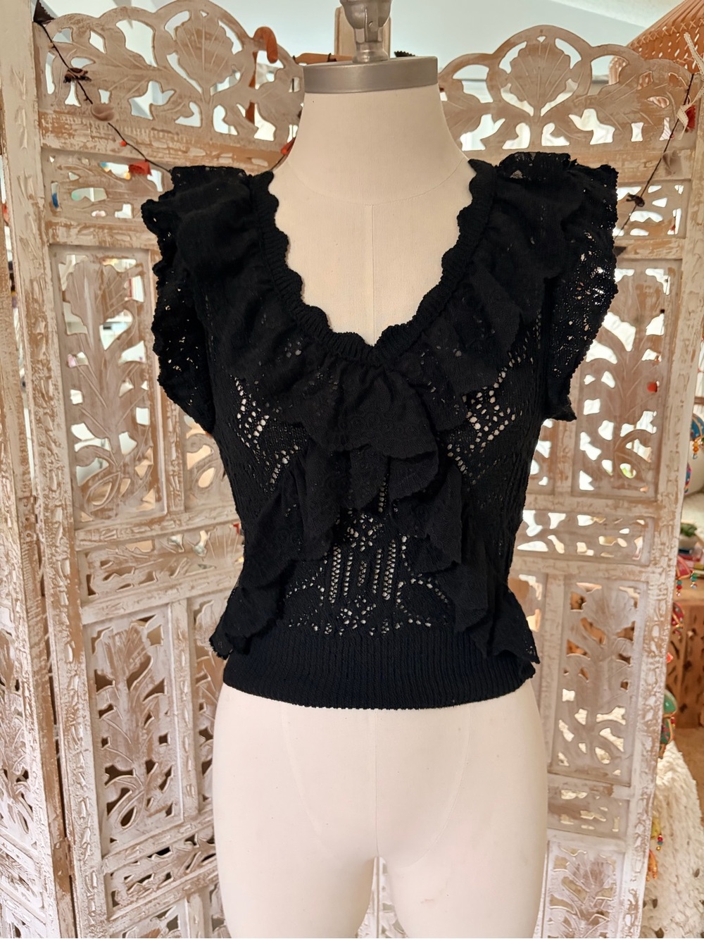 Zara Black Openwork Ruffle Knit Crop Top